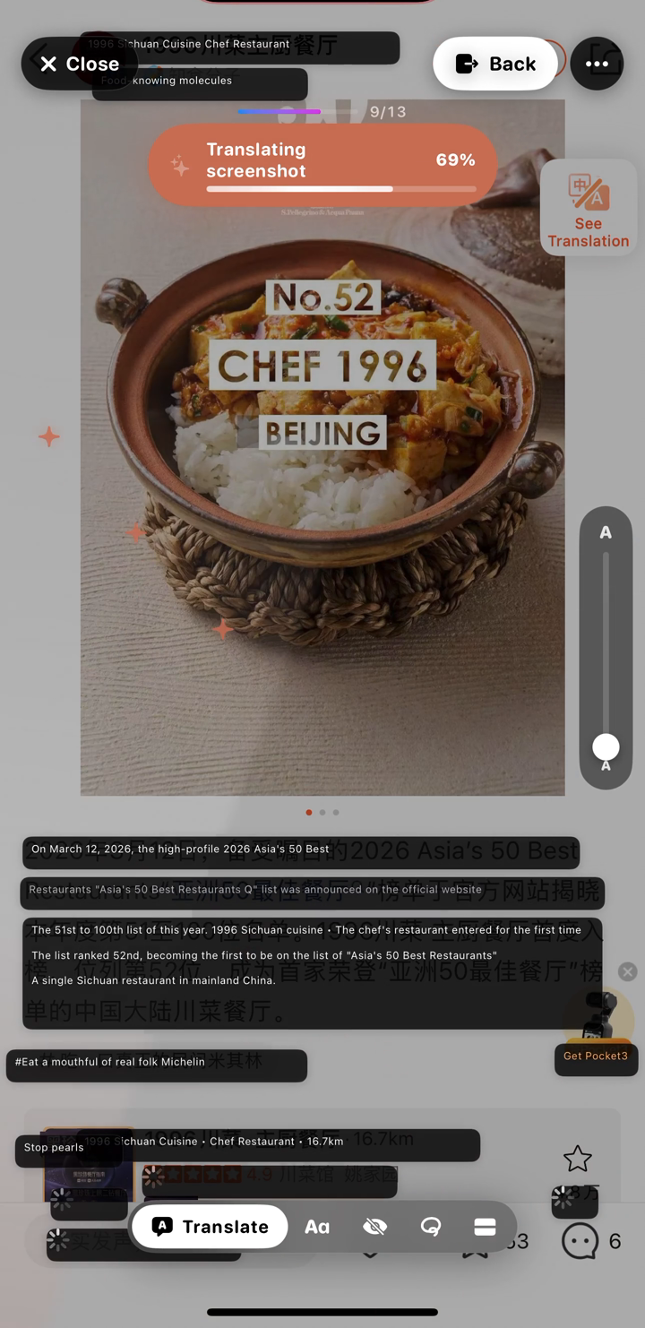 Rosetta on iPhone — translation chips appearing right where the original Chinese text was