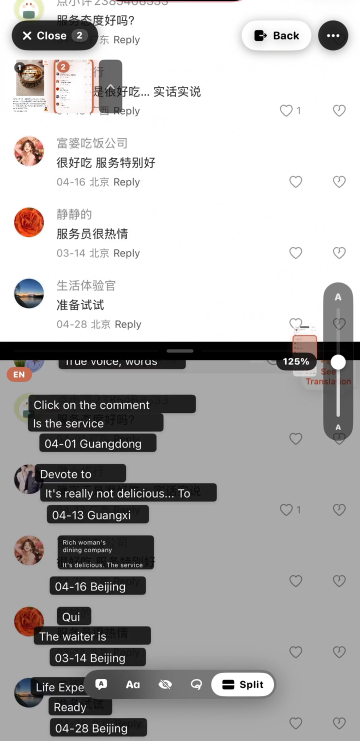 Split-view — original Chinese on top, English translation on the bottom, both scrolling together