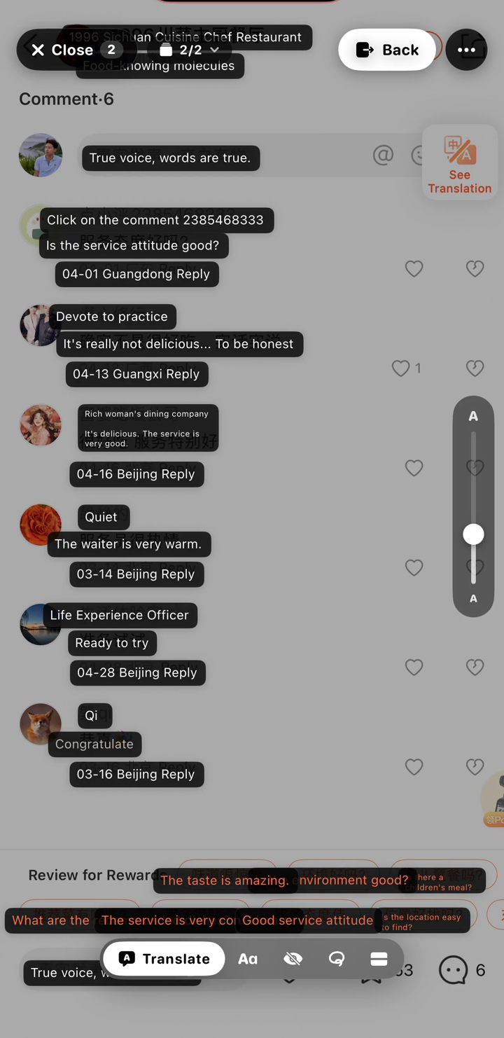 A batch of translated screenshots — every comment, reply, and tiny caption picked up